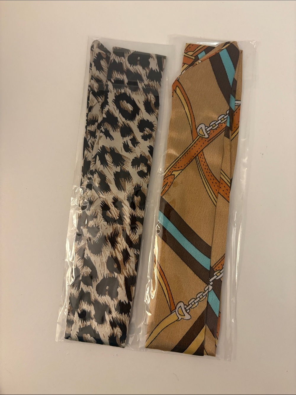 Pair of Skinny Twilly Scarves in Leopard & Saddle Prints
